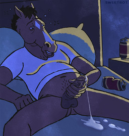 alcohol anthro balls bed beer beverage beverage_can black_hair bodily_fluids bottomless brown_body clothed clothing cum cum_string drunk erection furniture genital_fluids genitals hair holding_penis humanoid_genitalia humanoid_penis looking_down lying male masturbation moobs on_back on_bed penile penile_masturbation penis pubes shirt slightly_chubby solo spread_legs spreading substance_intoxication t-shirt topwear white_clothing white_shirt white_topwear sweetbot bojack_horseman netflix bojack_horseman_(character) equid equine horse mammal 2018 portrait three-quarter_portrait