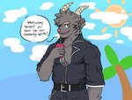 anthro beverage black_clothing clothed clothing cloud ear_piercing ear_ring fur grey_body grey_fur horn male muscular muscular_male piercing red_eyes ring_piercing solo sun text dynogreeno lifewonders tokyo_afterschool_summoners mephistopheles_(tas) bovid bovine caprine goat mammal 4:3 english_text hi_res