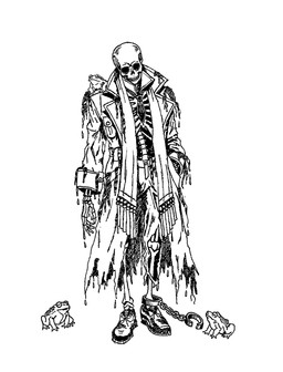 accessory algae belt bone bottomwear clothing coat cuff_(restraint) footwear hand_in_pocket handcuffs metal_cuffs necktie pants pockets restraints rib_cage scarf seaweed shoes skeleton skull solo spine standing teeth topwear water_droplets postto deadlock_(game) valve pocket_(deadlock) amphibian frog humanoid undead black_and_white hi_res monochrome traditional_media_(artwork)