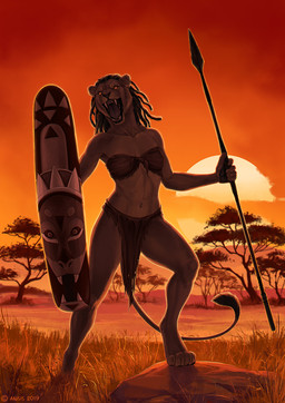 4_toes 5_fingers african anthro athletic athletic_anthro athletic_female bared_teeth barefoot biped bottomwear bra breasts clothed clothing day digitigrade dreadlocks feet female fingers fur grass hair holding_object holding_weapon loincloth melee_weapon midriff navel open_mouth orange_sky outside plant polearm roaring rock savanna shield sky snarling solo spear standing strapless_bra strapless_clothing strapless_underwear sun tan_body tan_fur teeth toes tongue tribal underwear warrior weapon anisis felid lion mammal pantherine 2019 digital_media_(artwork) hi_res