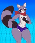 anthro bottomwear bulge clothed clothing femboy kerchief male markings neckerchief partially_clothed purple_eyes red_kerchief red_neckerchief ring_(marking) ringed_tail shorts solo striped_markings striped_tail stripes tail tail_markings thick_thighs conditional_dnp cracky indigo_park rambley_raccoon mammal procyonid raccoon hi_res