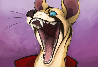 anthro bodily_fluids clothed clothing detailed_mouth fangs front_view fur glistening glistening_eyes male mouth_shot open_mouth pink_tongue pupils red_clothing red_topwear saliva saliva_string simple_background slit_pupils solo tan_body tan_fur teeth tongue topwear unsigned acidic genet mammal viverrid bust_portrait portrait
