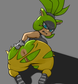 anthro anus big_butt black_nose blue_eyes blush bottomwear breasts butt butt_grab clothing ear_piercing female footwear fur genitals gloves green_body green_fur grey_background grey_body grey_clothing grey_fur grey_topwear hair hand_on_butt handwear kneeling looking_at_viewer looking_back pants piercing ponytail shadow shoes simple_background solo tan_body tan_fur topwear torn_bottomwear torn_clothing torn_pants vulva white_clothing white_gloves white_handwear yellow_bottomwear yellow_clothing yellow_pants nebssik third-party_edit idw_publishing sega sonic_the_hedgehog_(comics) sonic_the_hedgehog_(idw) sonic_the_hedgehog_(series) surge_the_tenrec afrosoricid mammal tenrec color_edit colored hi_res