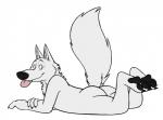 anthro black_claws black_pawpads butt claws fur lying male nude on_front pawpads pointy_ears presenting presenting_hindquarters prick_ears raised_tail simple_background solo tail tongue tongue_out white_background white_body white_fur skunkbutt_(artist) disney zootopia gary_(zootopia) canid canine canis mammal wolf