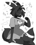 anthro anthrofied big_breasts black_body black_fur bottomless breasts clothed clothing female fur fur_markings hair looking_at_viewer markings messy_hair pokemorph print_clothing print_topwear sitting solo sparkles text topwear blushily nintendo pokemon eeveelution generation_2_pokemon pokemon_(species) umbreon hi_res monochrome