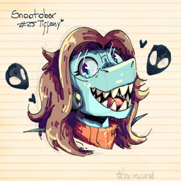 anthro biped blue_body blue_eyes brown_hair clothing eyewear female front_view glasses hair heart_symbol long_hair open_mouth open_smile orange_clothing orange_sweater orange_topwear pattern_background round_glasses sharp_teeth simple_background smile solo striped_background sweater teeth text topwear by:_muun hold_onto_mi tiffany_(hold_onto_mi) dinosaur prehistoric_species reptile saurischian scalie theropod tyrannosaurid tyrannosauroid tyrannosaurus tyrannosaurus_rex 1:1 2025 absurd_res artist_name character_name colored english_text headshot_portrait hi_res portrait shaded