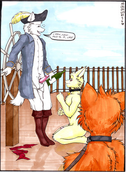 anthro bell blush boots clothed clothing collar dominant dominant_male drunk erection footwear fur genitals group hat headgear headwear humanoid_genitalia humanoid_penis kneeling leash male male/male multiple_subs open_clothing open_shirt open_topwear penis pirate shirt shoes speech_bubble standing submissive submissive_male substance_intoxication text topwear two_subs_one_dom meesh domestic_cat felid feline felis mammal 2006 digital_media_(artwork) english_text marker_(artwork) traditional_media_(artwork)