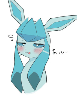 ambiguous_gender blue_body blue_eyes blue_fur blush bodily_fluids eyelashes feral fur looking_at_viewer narrowed_eyes open_mouth pointy_ears pseudo_hair simple_background smile solo sweat text zaratoko_08 nintendo pokemon eeveelution generation_4_pokemon glaceon pokemon_(species) 2026 digital_drawing_(artwork) digital_media_(artwork) hi_res japanese_text translated