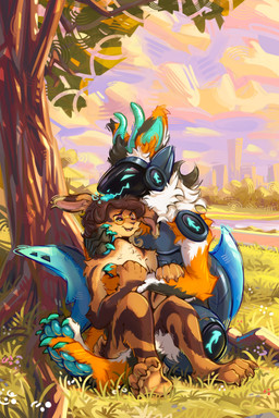 anthro armor claws cloud cloudy_sky cuddling duo eyewear feet fur glasses grass green_eyes horn licking machine male male/male markings park pawpads paws personal_grooming plant shark_fin shark_tail sitting sky social_grooming striped_markings stripes sunset tongue tongue_out tree wearing_glasses smowu hazel_(smowu) amur_carp aquatic carp cyprinid cypriniform fish koi lagomorph leporid mammal protogen rabbit striped_rabbit sumatran_striped_rabbit typical_carp 2:3 absurd_res hi_res