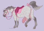 accessory anus big_penis bow_ribbon bridle feral flaccid foreskin fur furgonomics genitals green_eyes grey_body grey_fur gynomorph hooves humanoid_genitalia humanoid_penis intersex multicolored_body multicolored_fur penis raised_hoof raised_tail ribbons saddle solo tail tail_accessory tail_bow tail_ribbon two_tone_body two_tone_fur chewycuticle equid equine horse mammal 2024 absurd_res hi_res