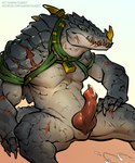 after_orgasm animal_genitalia anthro armband bodily_fluids claws countershading cum cum_on_ground cum_on_penis erection facial_scar genital_fluids genital_slit genitals gold_(metal) gold_jewelry grey_body grey_scales harness jewelry knot male mostly_nude muscular muscular_anthro muscular_male neck_spikes necklace nose_spike penis presenting presenting_penis scales scar simple_background sitting solo spread_legs spreading teeth ket-dawnatsunset warhammer_(franchise) warhammer_fantasy nakai_the_wanderer crocodilian kroxigor lizardman lizardman_(warhammer) reptile scalie hi_res