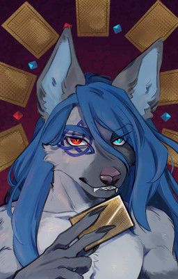 anthro blue_eyes blue_hair card fangs fantasy fluffy fortune_teller front_view fur grey_body grey_fur hair heterochromia looking_at_viewer magic magic_user male medieval red_eyes simple_background solo tattoo teeth triquetra nanay gaze_fate canid canine mammal maned_wolf digital_media_(artwork) half-length_portrait hi_res portrait