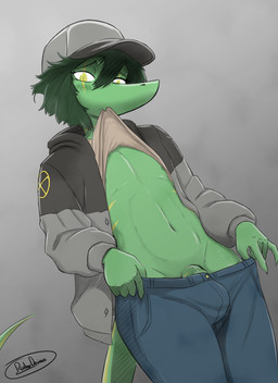 anthro areola barely_visible_genitalia barely_visible_penis bodily_fluids bottomwear bottomwear_pull bulge clothed clothed_anthro clothed_male clothing clothing_lift clothing_pull crossgender eyebrows fingers flaccid front_view ftm_crossgender furgonomics genitals green_body green_hair grey_background hair hat headgear headwear humanoid_hands jacket looking_at_viewer looking_down male markings medium_hair navel nervous nipples non-mammal_navel non-mammal_nipples open_clothing open_jacket open_topwear pants pants_pull penis penis_base raised_inner_eyebrows shirt shirt_lift shy simple_background skinny_male solo striped_markings stripes sweat sweatdrop tail text topwear yellow_body yellow_eyes ratherdevious hold_onto_mi ciro_(tucolewds) compsognathid dinosaur prehistoric_species reptile saurischian scalie scipionyx theropod absurd_res artist_name hi_res shaded