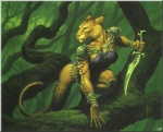 all_fours anthro armor dagger detailed_background female forest holding_object holding_weapon jungle melee_weapon nature outside plant solo tail tree unconvincing_armor weapon daren_bader hasbro magic:_the_gathering wizards_of_the_coast mirri_cat_warrior catfolk cougar felid feline leonin mammal 1997 official_art