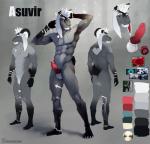 2019 abs anthro asuvir_(character) athletic balls biped black_body black_fur blue_eyes blush bovid caprine chain claws d20 dice digital_media_(artwork) directional_arrow fur genitals glans goat grey_body grey_fur hair hi_res horn humanoid_genitalia humanoid_penis hybrid_genitalia hybrid_penis jewelry knot knotted_humanoid_penis looking_at_viewer male mammal markings model_sheet multiple_poses muscular muscular_anthro naruka necklace palette paws pecs pen pencil_(object) pendant penis piercing pose red_penis simple_background small_tail snowflake solo star tail tattoo treble_clef white_body white_fur white_hair