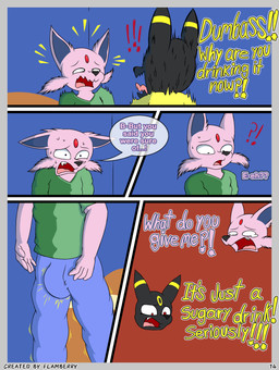 anthro black_body black_fur black_nose bodily_fluids bulge clothed clothing crying dialogue duo female forehead_gem fur gem male male/female open_mouth pink_body pink_fur purple_eyes red_eyes scared simple_background sweat tears teeth text flamberry_(artist) nintendo pokemon estung_venizee_neon_(flamberry) unomia_venizee_flare_(flamberry) canid canine eeveelution espeon generation_2_pokemon mammal pokemon_(species) umbreon absurd_res comic digital_drawing_(artwork) digital_media_(artwork) english_text hi_res ibispaint_(artwork) cousins_(lore)