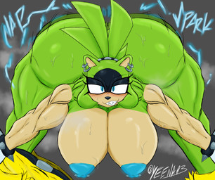 anthro anus areola barbell_piercing bent_over biceps big_breasts big_butt blush bodily_fluids bottomwear bottomwear_down breasts butt butt_jiggle clothed clothing deltoids ear_piercing electricity electricity_manipulation elemental_manipulation eyelashes female glistening_eyelids hair huge_breasts jiggling long_eyelashes looking_at_viewer motion_lines muscular muscular_anthro muscular_arms muscular_female muscular_thighs nipple_dip nipple_piercing nipples pants pants_down partially_clothed piercing ponytail quads solo sound_effects stretching studded_hair_tie sweat sweaty_breasts sweaty_butt twerking yeena03 idw_publishing sega sonic_the_hedgehog_(comics) sonic_the_hedgehog_(idw) sonic_the_hedgehog_(series) surge_the_tenrec afrosoricid mammal tenrec absurd_res hi_res signature
