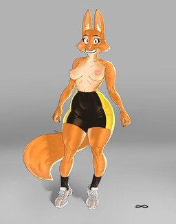 athletic_wear big_butt black_clothing bottomwear breasts butt clenched_teeth clothing embarrassed exposed_breasts eyebrows female footwear fur grey_background gym_bottomwear gym_shorts looking_at_viewer nipples orange_body orange_fur piercing shoes shorts simple_background sneakers socks solo tail teeth 900n3rart dreamworks the_bad_guys diane_foxington canid canine fox mammal 2026 absurd_res hi_res