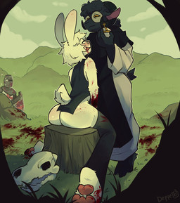 anthro black_body black_fur blood blood_on_foot blood_on_hand bodily_fluids bone butt clothed clothing duo eyewear fur furgonomic_topwear furgonomics glasses holy_hand_grenade_of_antioch knight legwear male male/male narrowed_eyes priest short_tail skull stockings tail thigh_highs tree_stump warrior wearing_glasses white_body white_fur deppetto monty_python monty_python_and_the_holy_grail bovid caprine lagomorph leporid mammal rabbit sheep 2025 digital_drawing_(artwork) digital_media_(artwork) hi_res meme