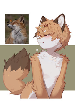 anthro chest_tuft countershading duo heart_symbol kemono male nude orange_body photo_reference simple_background smile tuft young young_anthro young_male fxnabi avian bird canid canine fox mammal 2026 absurd_res half-length_portrait hi_res korean_description portrait reference_image