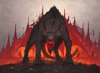 ambiguous_gender black_body black_fur blood bodily_fluids building city claws cloud collar feral front_view fur open_mouth outside quadruped red_eyes solo spiked_collar spikes standing tail teeth tower john_tedrick hasbro magic:_the_gathering wizards_of_the_coast canid mammal 2022 absurd_res hi_res official_art