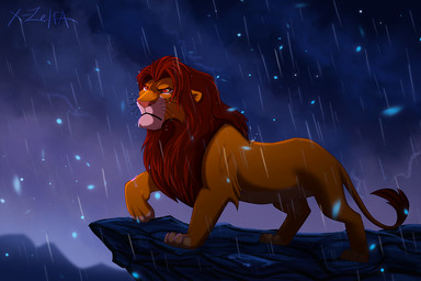 detailed_background feral hair male paws raining red_eyes red_hair solo standing x-zelfa disney the_lion_king simba_(the_lion_king) felid lion mammal pantherine 2015 3:2 digital_media_(artwork)