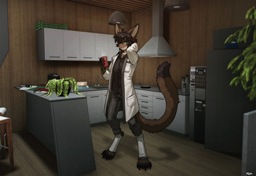 3_toes 5_fingers anthro barely_visible_pawpads beverage biped black_claws black_clothing black_ear_tips black_eyebrows black_fingers black_hair black_shirt black_tail_tip black_toes black_topwear bottomwear bracelet brown_body brown_ears brown_fur brown_tail chest_tuft claws clothed clothed_anthro clothed_male clothing coat collared_shirt container countershade_face countershade_fur countershade_neck countershading cup digitigrade dipstick_ears dipstick_tail dress_shirt ear_markings eyebrows feet finger_claws fingerless_(marking) fingers floor freckled_face freckles front_view fully_clothed fully_clothed_anthro fully_clothed_male fur green_bracelet green_eyes grey_bottomwear grey_clothing grey_pants hair hand_behind_head holding_beverage holding_container holding_cup holding_object inside iris jewelry kitchen lab_coat legwear long_tail looking_at_viewer male male_anthro markings monotone_hair multicolored_body multicolored_ears multicolored_fur pants pawpads pink_pawpads plant plant_pot potted_plant pupils shirt short_hair solo standing tail tail_markings toe_claws toeless_(marking) toes topwear tuft wall_(structure) white_body white_clothing white_coat white_countershading white_fur white_inner_ear white_legwear white_sclera white_topwear white_tuft pgm300 mammal species_request 2025 absurd_res digital_drawing_(artwork) digital_media_(artwork) full-length_portrait hi_res portrait