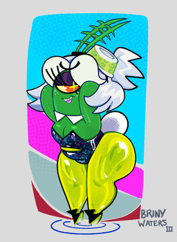 anthro big_butt breasts butt cartoon_freckles clothing cosplay eyelashes eyeshadow female footwear freckled_face freckles glistening_eyelids hair hands_behind_head high_heels long_eyelashes looking_at_viewer makeup pose purple_eyeshadow sharp_teeth shoes small_breasts solo teeth white_hair somescrub nickelodeon nintendo splatoon spongebob_squarepants briny_waters fan_character marie_(splatoon) aquatic cyclops plankton_(species) hi_res