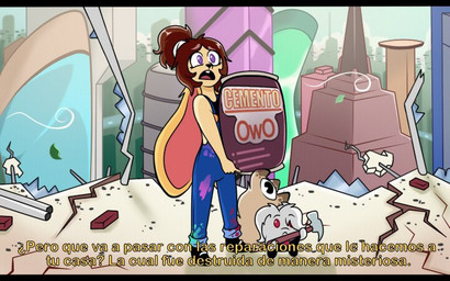 ambiguous_gender anthro brown_hair building concrete detailed_background female group hair hammer long_ears open_mouth owo paint purple_eyes red_sclera short_hair teeth text tools wind la_tiapat pat_(prettypatsusan) canid canine canis domestic_dog lagomorph leporid mammal rabbit 16:10 spanish_text subtitled translated widescreen