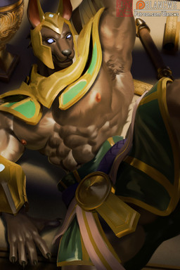 anthro armor clothed clothing fur furniture hands_behind_head headgear helmet male muscular muscular_male nipples on_table open_mouth solo table blancws league_of_legends riot_games tencent nasus_(lol) anubian_jackal canid canine canis jackal mammal 2:3 absurd_res hi_res