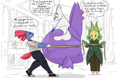 anthro belly big_belly female group inside obese obese_anthro obese_female overweight overweight_anthro overweight_female purple_body speech_bubble text trio yellow_eyes thatoneaceguy nintendo pokemon kiki_(thatoneaceguy) generation_3_pokemon generation_4_pokemon generation_5_pokemon latias leavanny legendary_pokemon pokemon_(species) weavile 2025 3:2 english_text
