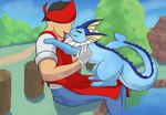 blue_body brown_hair clothed clothing duo eyes_closed female feral fin hair male male/female on_top open_mouth sitting size_difference sky smaller_feral smile tail tongue water the_creacher nintendo pokemon pokemon_breeder eeveelution generation_1_pokemon human mammal pokemon_(species) vaporeon 2021 digital_media_(artwork) hi_res