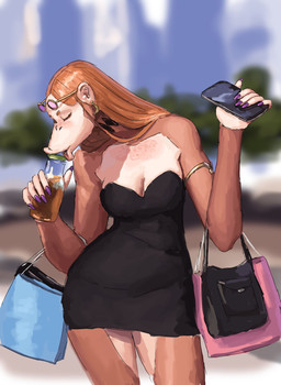 5_fingers anthro armlet bare_shoulders beverage breasts cellphone cleavage clothed clothing cocktail_dress colored_nails dress ear_piercing electronics eyes_closed eyewear eyewear_on_head female fingers freckled_chest freckled_face freckles fur hair holding_beverage holding_cellphone holding_object holding_phone holding_smartphone long_arms long_hair long_neck medium_breasts nails neck_tattoo orange_hair outside phone piercing purple_nails purse smartphone solo sunglasses sunglasses_on_head tan_body tan_fur wearing_sunglasses redustheriotact anitta_(vagnerdesouzas7) ape haplorhine mammal orangutan primate 2026 hi_res