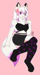 accessory anthro bottomwear clothing female flower flower_in_hair fluffy fluffy_tail footwear fur hair hair_accessory happy magenta_hair multicolored_body plant pose purple_eyes smile socks solo tail topwear white_body white_fur yami_arts vulpy_vulpine canid canine fox mammal hi_res