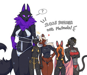 abs anthro bikini bikini_bottom bikini_top biped black_body black_fur black_hair black_tail blush breasts brown_body brown_fur brown_tail clothed clothed_anthro clothed_female clothing eyes_closed female front_view fur grey_body grey_fur grey_tail group hair hand_holding looking_aside looking_at_another looking_at_viewer looking_down looking_down_at_another navel one_eye_closed open_mouth open_smile orange_hair purple_sclera shirt simple_background smile standing swimwear t-shirt tail teeth tongue topwear two-piece_swimsuit wet wet_body wet_clothing wet_shirt wet_t-shirt wet_topwear white_background white_eyes white_hair nulia fen_(el-k) mage_bun_(niking) tarahe canid canine canis domestic_cat felid feline felis lagomorph leporid lion mammal pantherine rabbit wolf 2025 digital_drawing_(artwork) digital_media_(artwork) hi_res