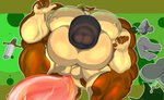 4_toes 5_fingers anthro anus balls big_balls big_muscles big_pecs big_penis black_penis clothing feet fingers fur genitals green_eyes grin huge_balls huge_muscles huge_pecs huge_penis hyper hyper_balls hyper_genitalia hyper_muscles hyper_pecs hyper_penis jacket looking_at_another looking_at_viewer lying male melee_weapon multicolored_body multicolored_fur muscular muscular_anthro muscular_male nipples pecs penetration penis plantigrade smile solo sword toes topwear weapon yellow_balls yellow_nipples panscolipede tom_hassburg deer goo_creature mammal 2019 full-length_portrait portrait