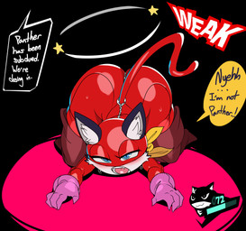 ambiguous_gender anthro ass_up big_butt black_background black_body black_fur blue_eyes boots butt clothed clothing defeated dialogue femboy fluffy_ears footwear front_view fur furgonomics glistening_eyelids gloves gui handwear imminent_rape imminent_sex inner_ear_fluff kerchief kneeling legwear male mask offscreen_character open_mouth red_clothing red_suit seeing_stars shoes shortstack shortstack_male simple_background small_waist solo speech_bubble spotlight suit tail teeth_showing text thick_thighs thigh_boots thigh_highs tight_clothing tongue tuft white_body white_fur white_inner_ear_fluff wide_hips yellow_kerchief zipper captainkirb atlus megami_tensei persona_(series) persona_5 sega ann_takamaki morgana_(persona) domestic_cat felid feline felis mammal tuxedo_cat 2023 absurd_res digital_media_(artwork) english_text handwritten_text hi_res male_(lore)