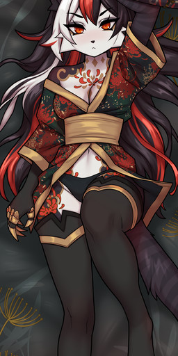 5_fingers anthro asian_clothing biped black_hair breasts claws clothed clothed_anthro clothed_female clothing east_asian_clothing female finger_claws fingers fur grey_body grey_fur grey_tail hair holding_melee_weapon holding_object holding_sword holding_weapon japanese_clothing kimono legwear looking_at_viewer lying melee_weapon on_back panties red_eyes solo sword tail thigh_highs underwear weapon dragonfu hikari_alter domestic_cat felid feline felis mammal 2025 digital_drawing_(artwork) digital_media_(artwork) hi_res