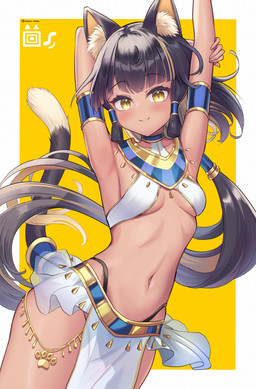 armband black_hair blush blush_lines bottomwear breasts clothing dipstick_tail egyptian eyelashes female gold_(metal) hair loincloth long_eyelashes long_hair looking_at_viewer markings navel pupils raised_arms slit_pupils small_breasts smile solo tail tail_markings thong_straps yellow_eyes sakura_ani animal_humanoid cat_humanoid felid felid_humanoid feline feline_humanoid humanoid mammal mammal_humanoid 2025 hi_res
