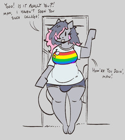 anthro clothing dialogue fur grey_body grey_fur hair lgbt_pride multicolored_clothing multicolored_shirt multicolored_topwear pride_colors rainbow_clothing rainbow_shirt rainbow_topwear shirt solo text topwear transgender_pride_colors underwear qoolbunart nyan_cat_(copyright) nyan_cat nyan_cat_(qoolguyart) domestic_cat felid feline felis mammal 2026 english_text hi_res meme trans_(lore) trans_woman_(lore)