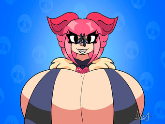 anthro bouncing_breasts breast_expansion breasts duo expansion extreme_size_difference female macro male male/female micro onomatopoeia size_difference sound_effects text nova_prowler brawl_stars supercell_(company) crow_(brawl_stars) melodie_(brawl_stars) avian bird corvid corvus_(genus) crow human mammal oscine passerine 4:3 animated