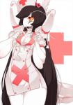 anthro black_hair breasts clothed clothing female hair long_hair looking_at_viewer multi_limb non-mammal_breasts nurse nurse_clothing nurse_uniform orange_eyes solo uniform slugbox nae arthropod flower_mantis insect mantis orchid_mantis hi_res