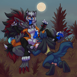 3_fingers 3_toes 4_toes 5_fingers anal anal_penetration animal_genitalia animal_penis anthro anthro_on_anthro anthro_penetrated anthro_penetrating anthro_penetrating_anthro anus arm_grab backsack ball_lick balls barefoot biped black_body black_fur blue_balls blue_body blue_eyes blue_fur blue_pawpads blue_penis bodily_fluids butt canine_genitalia canine_penis claws collar countershade_fur countershading cum cum_in_ass cum_inside cum_while_penetrated erection eye_contact eyewear fangs feet fingers fluffy fluffy_tail full_moon fur genital_fluids genitals glasses grass green_eyes group group_sex hair interspecies kneeling knot licking looking_at_another looking_at_partner male male/male male_anthro male_penetrated male_penetrating male_penetrating_male moon mostly_nude_anthro mostly_nude_male night open_mouth oral orange_body orange_fur outside outside_sex pawpads paws penetration penile penile_penetration penis penis_in_ass plant pokephilia red_eyes sex sheath sitting sky smile smirk spread_legs spreading tail teeth teeth_showing threesome toes tongue tongue_out trio white_balls white_body white_countershading white_fur spookybooty nintendo pokemon conroy canid canine fox generation_4_pokemon generation_5_pokemon lucario mammal pokemon_(species) zoroark 1:1 2024 digital_media_(artwork) hi_res