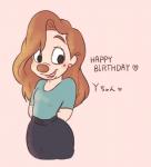 anthro birthday blush brown_hair brown_nose clothed clothing ear_piercing female hair hands_behind_back happy_birthday heart_symbol markings mole_(marking) open_mouth open_smile piercing simple_background smile solo text kurokuma824 disney goof_troop roxanne_rover canid canine canis domestic_dog mammal 2016 english_text japanese_text