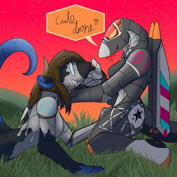 aircraft anthro blue_body blue_skin blue_tail brown_hair cutie_mark dialogue drone dronification duo eyewear female fur glasses grass grey_body grey_fur hair machine orange_eyes outside plant robot_transformation robot_wings species_transformation speech_bubble tail text touching_nose transformation vehicle wearing_glasses stargazer_bp hasbro my_little_pony circe_(pankallisti) star_(drone_overmother) aeromorph living_aircraft living_machine living_vehicle mammal murid murine rat rodent 1:1 english_text hi_res