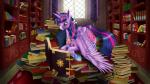 book clothing crown detailed_background feathered_wings feathers female feral fur hair headgear horn inside library multicolored_hair purple_body purple_eyes purple_feathers purple_fur reading smile solo spread_wings tapestry window wings szafir87 friendship_is_magic hasbro my_little_pony mythology twilight_sparkle_(mlp) equid equine mammal mythological_creature mythological_equine winged_unicorn 16:9 2016 hi_res widescreen