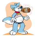 4_fingers anthro belly beverage blush blush_lines clothing collar ear_piercing ear_ring fingers fur magic male multicolored_body multicolored_fur navel no_shoes overweight overweight_male piercing ring_piercing simple_background soda solo surprised surprised_face topwear underwear weight_gain manaozyfolf mana_(manaozyfolf) canid canine canis mammal wolf hi_res
