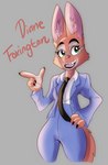 anthro clothed clothing eyebrow_piercing eyewear facial_piercing female fully_clothed glasses grey_background hand_on_hip open_mouth piercing simple_background solo suit solratic dreamworks the_bad_guys diane_foxington canid canine fox mammal 2021 hi_res