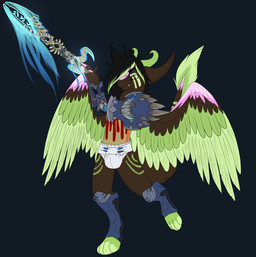 anthro biped clean_diaper clothed clothing diaper eyewear feathers fur glasses hair looking_at_viewer male melee_weapon partially_clothed simple_background solo standing sword tail weapon wearing_diaper wings unknown_artist mythology twixxel_minty angel_dragon dragon mythological_creature mythological_scalie scalie source_request