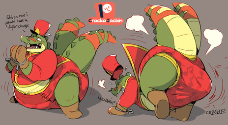 2_tails ageplay anthro bdsm begging big_diaper biped blush clothed clothing dialogue diaper diaper_puff eyes_closed feces green_body handwear hat headgear headwear infantilism lock male marching_band_uniform mittens multi_tail obese obese_anthro obese_male onomatopoeia open_mouth overweight overweight_anthro overweight_male padlock red_clothing red_diaper red_hat red_headwear roleplay sagging_diaper simple_background soiling solo sound_effects tail text unclean_diaper wearing_diaper crackajackin dandy_(legendz) crocodile crocodilian reptile scalie 2019 digital_media_(artwork) english_text hi_res sequence signature